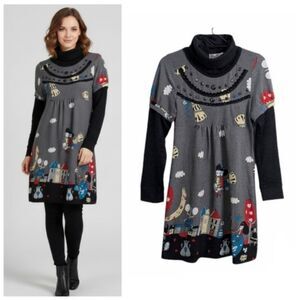 Funky People Gray Printed Turtleneck Sweater Dress Long Sleeve Embellished Fun M